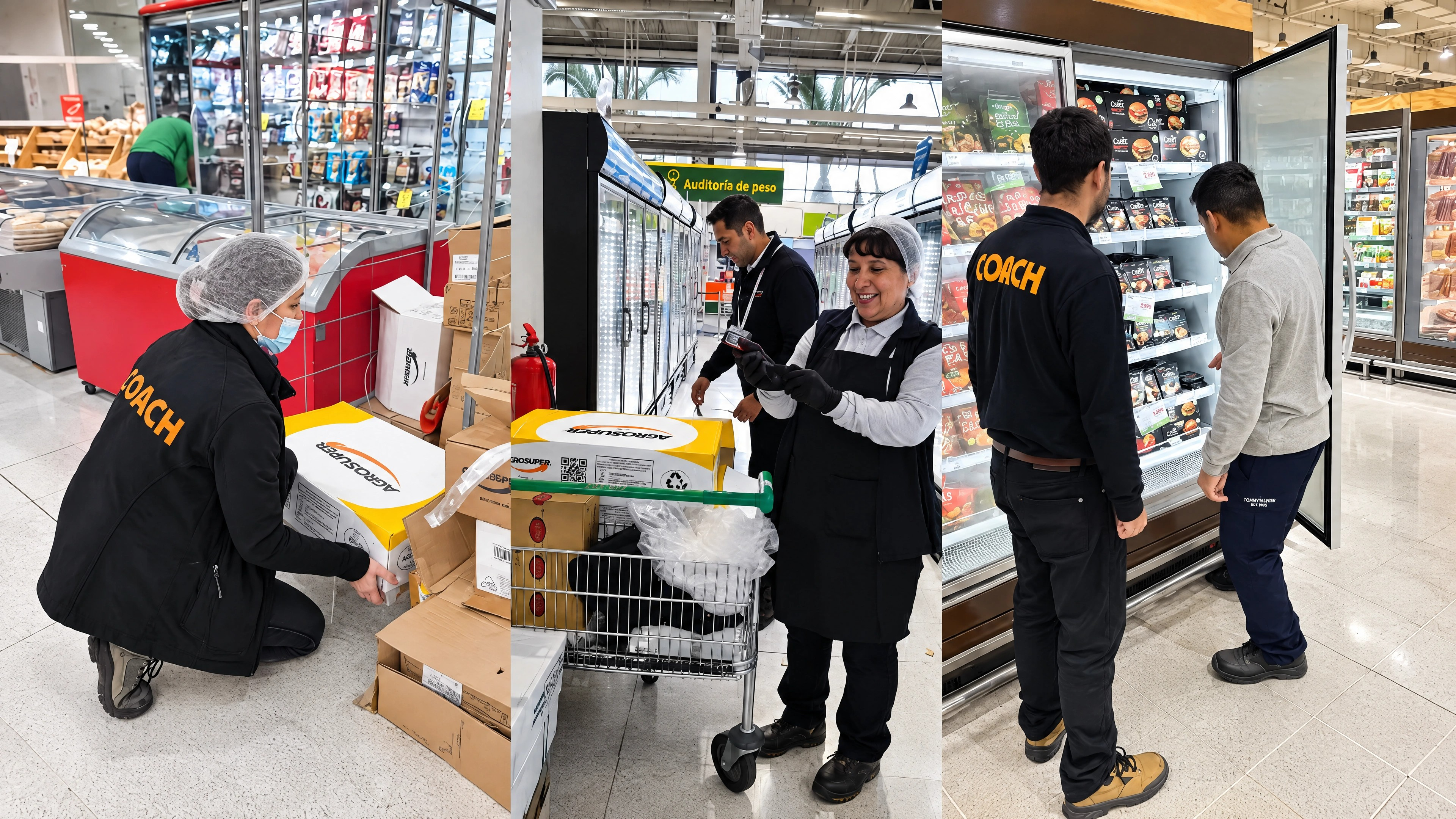 Equipo realizando reposición, coordinación y supervisión en supermercado